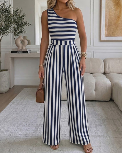 Women's Striped One Shoulder Jumpsuit Casual High Waisted Wide Leg Overalls