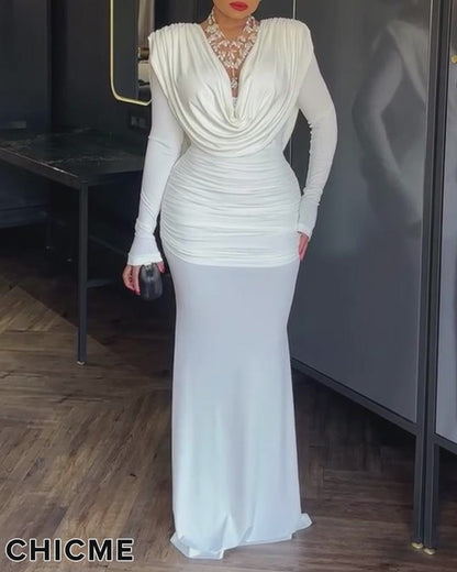 Cowl Neck Ruched Zipper Back Slim Fit Maxi Dress Casual Padded Shoulders Backless Evening Dress