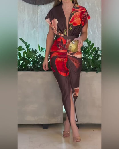 Floral Placement Print Deep V-Neck Front Slit Dress Ruched Slim Fit Vacation Dress