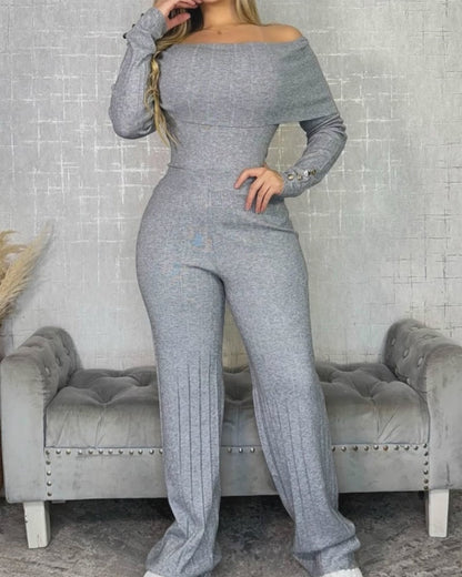2 Pieces Outfit Button Decor Foldover Off Shoulder Slim Fit Top and Elastic Waist Wide Leg Pants Set Casual Ribbed Set