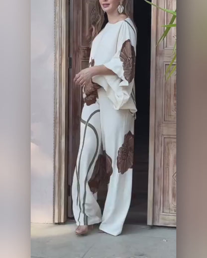 Women's Floral 2-Piece Satin Matching Set Skew Neck Batwing Sleeve Top and High Waisted Straight Leg Pants with Pockets