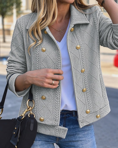 Women's Vintage Textured Argyle Lapel Double-Breasted Crop Jacket