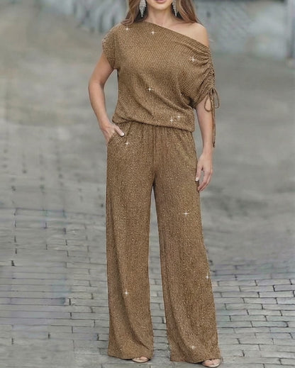 Women's Two-Piece Rhinestone Lounge Suit Skew Neck Top and Wide-Leg Pant Set Elegant Commuter Outfit with Pockets