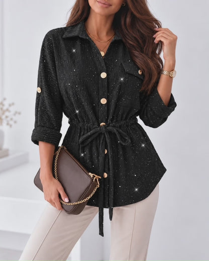Women's Glitter Textured Drawstring Waist Roll-Up Sleeves Blouse
