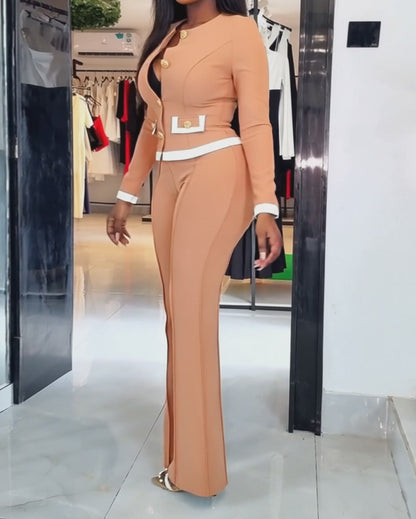 2 Pieces Outfit Contrast Paneled Single Breasted Flap Detail Crop Top and Elastic Waist Seam Front High Waist Pants Set Casual Commuting Set