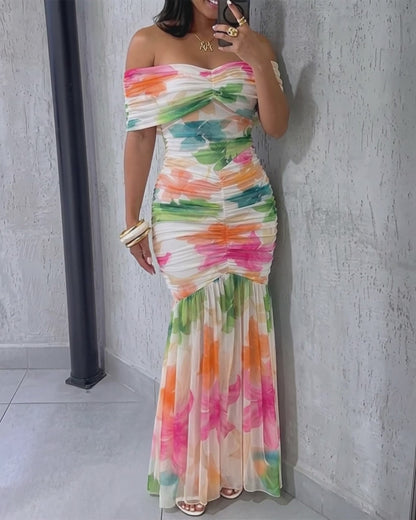 Women's Foldover Off-Shoulder Floral Mermaid Dress Mesh Ruched Maxi Gown with Detachable Clear Straps