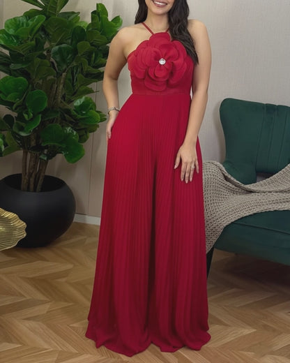 Sparkling Rhinestone 3D Flower Decor Halter Jumpsuit Elegant Waist Wide Leg Pleated Romper