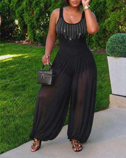 Women's Rhinestone Sleeveless U-Neck Sheer Chiffon Lantern Leg Jumpsuit