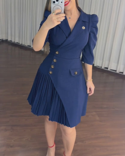 Women's Notch Lapel Blazer Dress Puff Sleeve Side Button Asymmetrical Pleated Hem A Line Work Dress