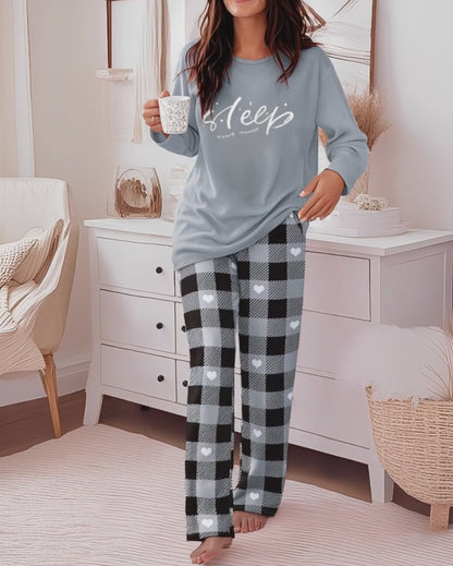 Women's 2 Piece Pajama Set Letter Print Long Sleeve Top and Plaid Heart Wide Leg Pants Casual Lounge Set