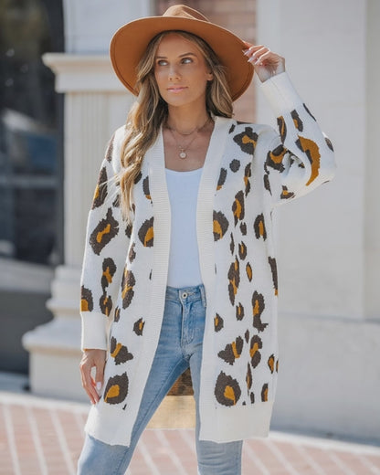 Women's Leopard Pattern Open Front Mid-length Knit Cardigan Sweater Coat