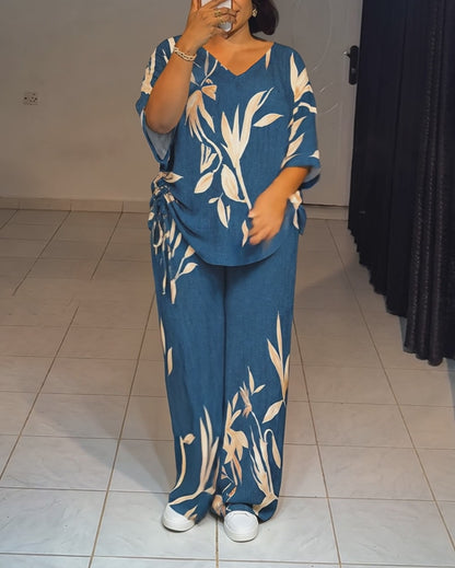Women's Tropical Plants Print 2 Piece Outfits V Neck Drawstring Ruched Top and Wide Leg Pants Set Casual Loose Loungewear