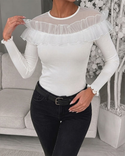 Women's Ruffle Sheer Mesh Spliced Long Sleeve Ribbed Knit Top