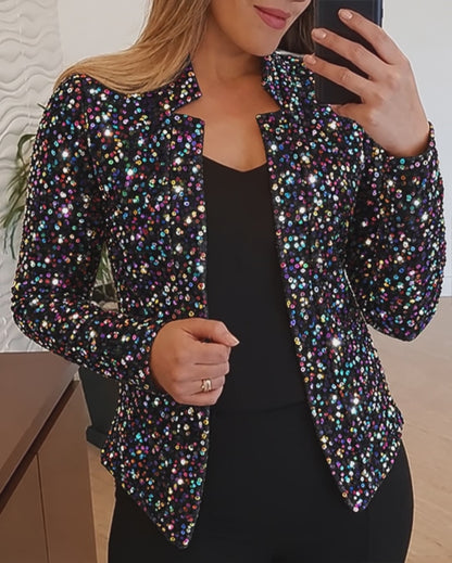 Damen-Blazerjacke mit allover bunten Pailletten, Stehkragen und offener Vorderseite