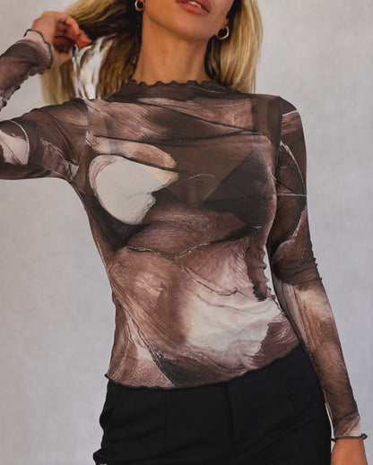 Women's Sheer Mesh Tie Dye Print Mock Neck Frill Trim Long Sleeve Top