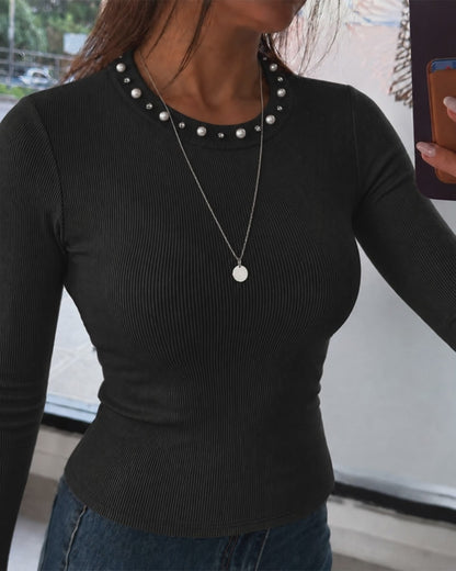 Women's Pearl Rhinestone Round Neck Long Sleeve Ribbed Fitted Top