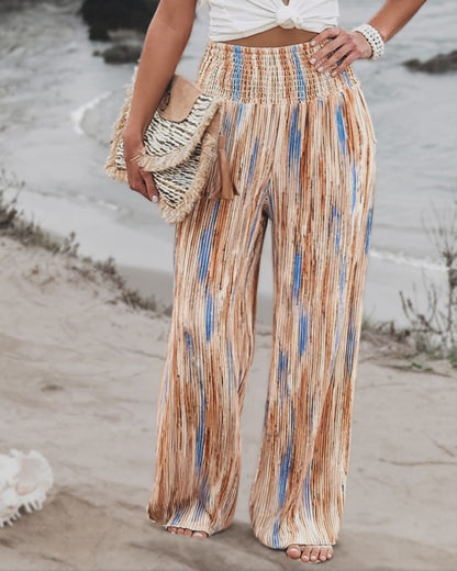 Tie Dye Print High Wait Elastic Waist Pleated Wide Leg Pants