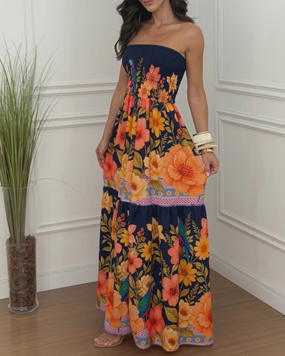CHICME Women's Tropical Floral Print Bandeau Maxi Dress Shirred Ruffle Hem Vacation Dress with Pockets and Detachable Clear Straps