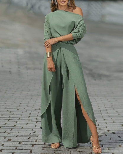 Two-Piece Set Cold Shoulder Batwing Sleeve Top and Casual Elastic Waist Slit Wide Leg Pants