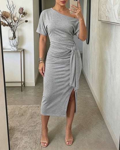 Women's Skew Neck Short Sleeve Tie Waist Bodycon Dress Ruched Side Slit Dress