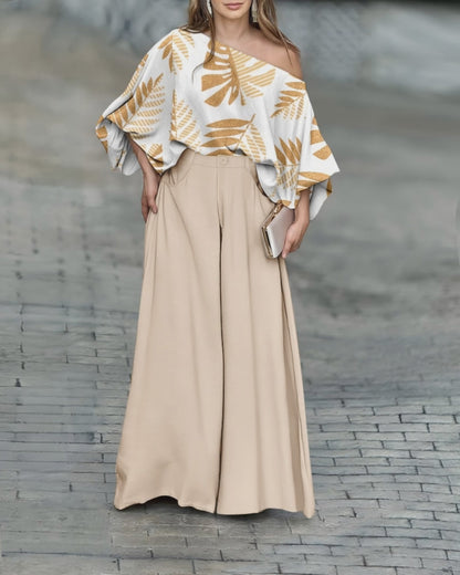 2 Pieces Outfit Tropical Leaves Print Skew Neck Batwing Sleeve Stretchy Hem Top and Zipper Fly Elastic Back Waist Wide Leg Pants Set Casual Loose Fit Set