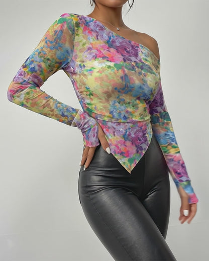 Tie Dye Floral Print Skew Neck Long Sleeve Asymmetrical Hem Tee Slim Fit Side Ruched Sheer Mesh Top with Thumb Hole Cuffs & Lining