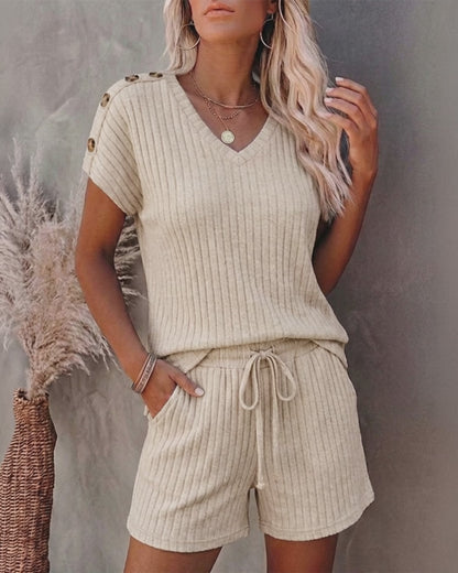 Women's Ribbed Knit 2 Piece Outfits V Neck Short Sleeve Top and Drawstring Shorts Set Casual Lounge Suits with Pockets