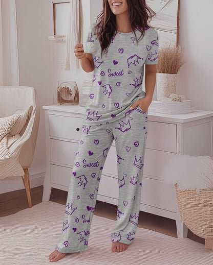 2 Pieces Outfit Sweet Letter Print Short Sleeve Top and Elastic Waist Pants Set Casual Crown & Heart Print Pajamas Set
