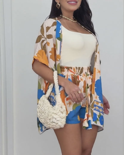 2 Pieces Outfit Open Front Short Sleeve Cardigan and Elastic Waist Tie Front Shorts Set Casual Floral Print Side Slit Vacation Set