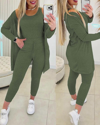 3 Piece Lounge Set Crewneck Sleeveless Tank Top Long Sleeve Open Front Coat Pants Sweatsuit