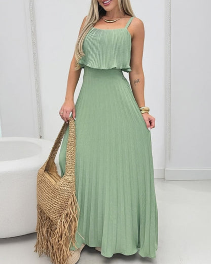 French Style Adjustable Spaghetti Straps Pleated Overlay Design Cami Dress Casual Cinched Waist Shirred Back Pleated Vacation Dress