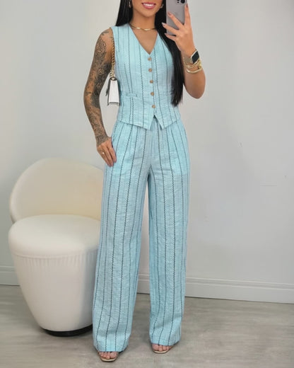 2 Pieces Outfit V-Neck Sleeveless Button Front Adjustable Buckle Back Vest and Elastic Back Waist Wide Leg Pants Set Casual Striped Commuting Set
