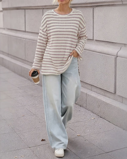 Women's Striped Textured Knit Long Sleeve T-Shirt Casual Side Slit Loose Fit Top