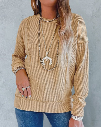 Women's Ribbed Knit Long Sleeve Top Casual Seam Crewneck Pullover