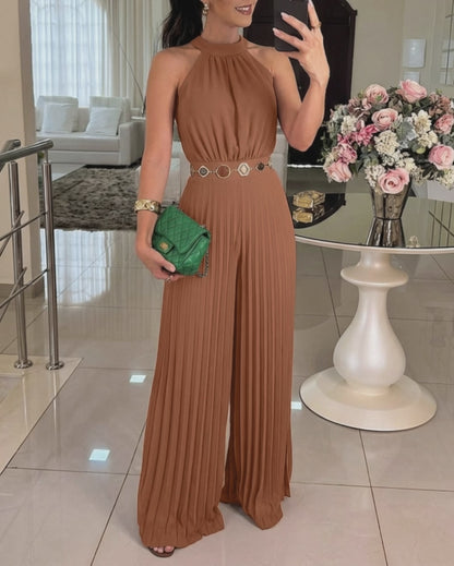 CHICME Women's Halter Tie Wide Leg Jumpsuit Pleated High Waist One-Piece Romper Elegant Sleeveless Evening Party Jumpsuit without Waist Chain