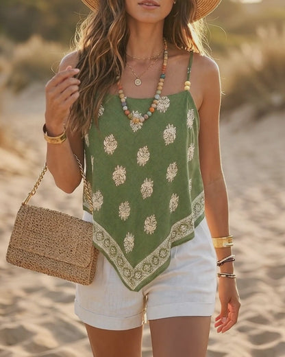 Women's Bohemian Retro Print Cami Top Adjustable Spaghetti Strap Square Neck Tank Backless Tied Detail Vacation Beaded Top