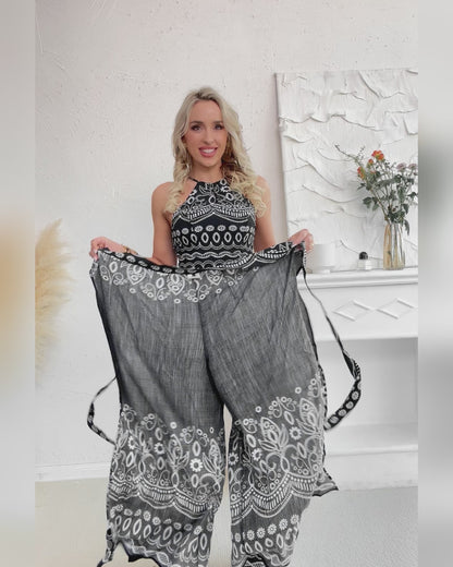 2 Pieces Outfits Tribal Print Keyhole Neck Sleeveless Top and Wide Leg Tied Detail Slit Pants Sets