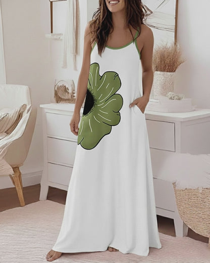 Floral Print U-Neck Adjustable Spaghetti Straps Maxi Dress Casual Colorblock Backless Loose Fit Loungewear Dress