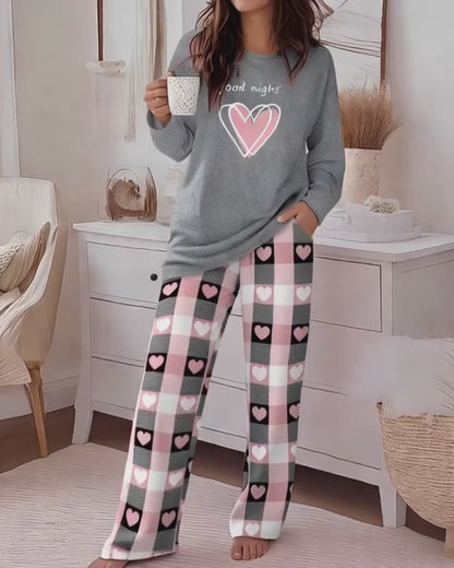 2 Pieces Outfit Letter and Heart Print Long Sleeve Top and Casual Plaid Pnats Sets with Pocket