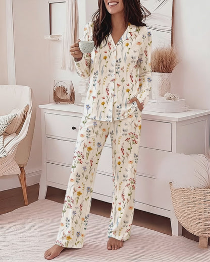 Women's Ditsy Floral Pajamas Set Long Sleeve Button Down Notched Collar Top and Straight Leg Pants Casual Sleepwear