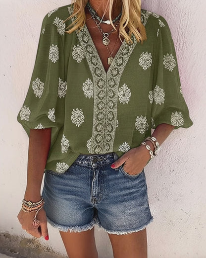 Vintage Baroque Placement Print V-Neck Lantern Sleeve Blouse Casual Long Sleeve Loose Fit Boho Top
