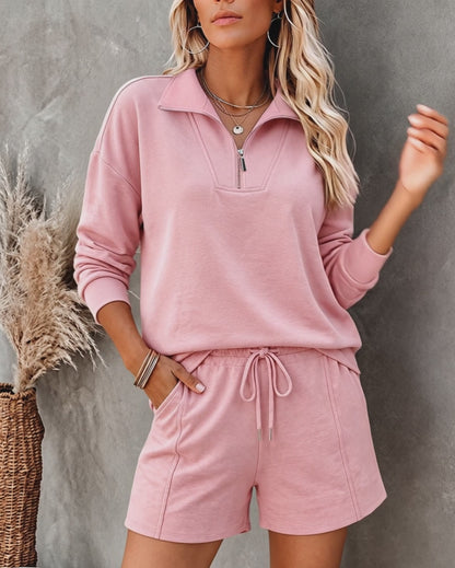 Women's Half Zipper Sweatshirt and Drawstring Shorts Set Casual Stand Collar Pullover Elastic Waist Matching Outfit