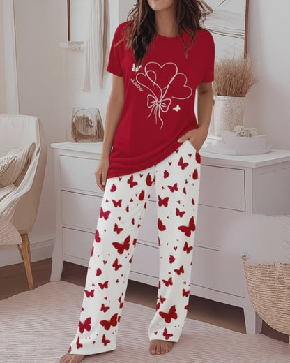 Valentine's Day 2 Pieces Outfit Round Neck Short Sleeve Top and Elastic Waist Pants Set Casual Heart & Butterfly Print Loose Fit Pajamas Set
