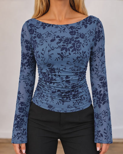 Women's Flocked Floral Boat Neck Sheer Mesh Long Sleeve Top Ruched Pullover