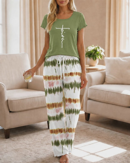 Women's Two Piece Pajama Set Faith Letter Print Short Sleeve Top and Tie Dye Straight Leg Pants Casual Lounge Set