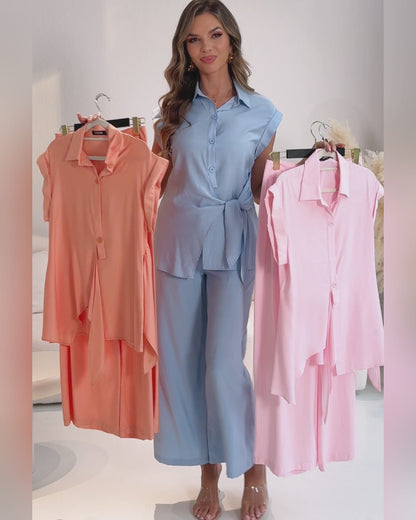 2 Pieces Outfit Turn-down Collar Cap Sleeve Button Front Tied Detail Top and Casual Zipper Fly Elastic Back Waist Wide-Leg Pants Set