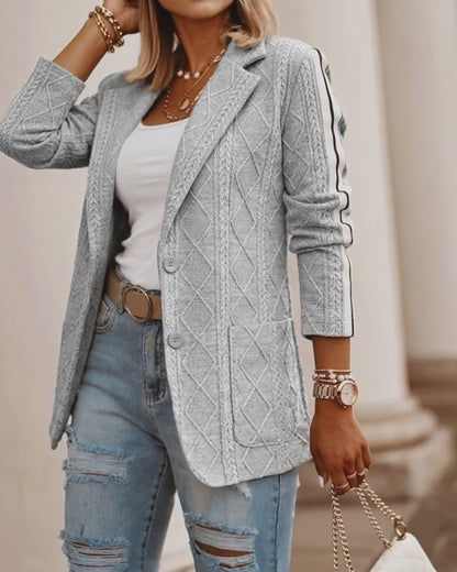 Women's Casual Knit Blazer Argyle Cable Jacquard Contrast Side Striped Coat Loose Fit Single Breasted Blazer