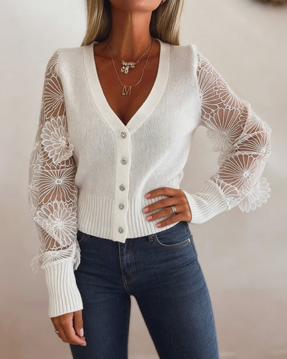 Women's Mesh Long Sleeve Cardigan Embroidered V Neck Knit Sweater Rhinestone Button Ribbed Slim Fit Casual Coat