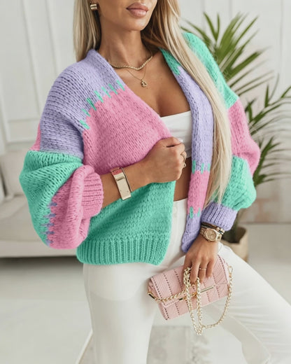 Women's Colorblock Knit Cardigan Chunky Knit Sweater Ribbed Trim Long Sleeve Casual Loose Knitwear