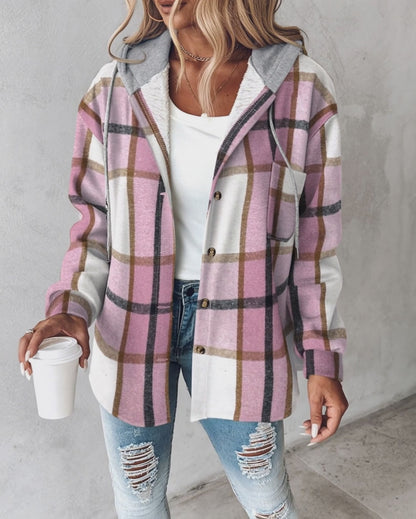Plaid Print Long Sleeve Button Front Drawstring Hoodie Coat Casual Pocket Design Thermal Lined Shirt Coat